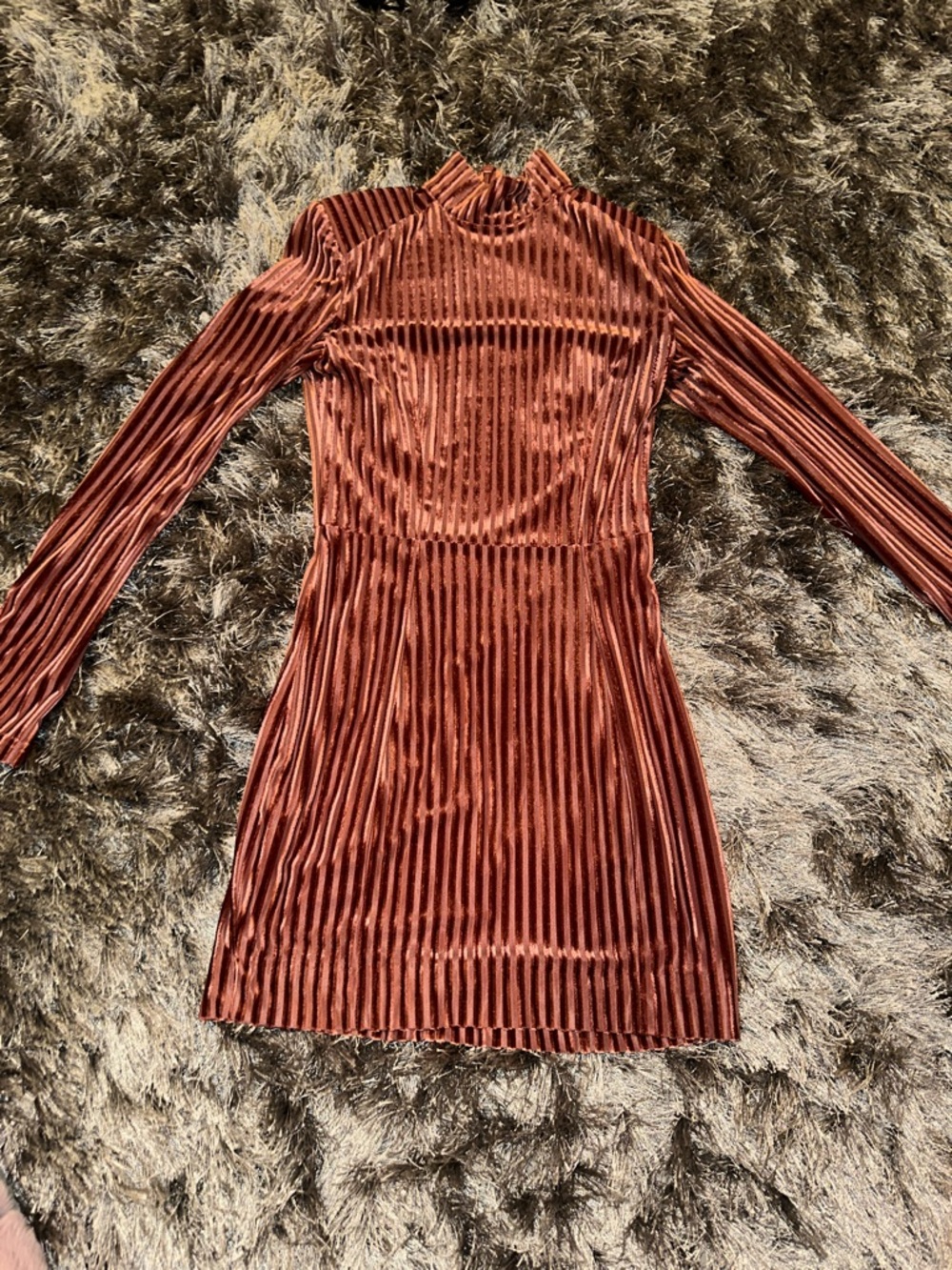 House of CB Ribbed Velvet Long Sleeve Mini Dress - Rust Brown